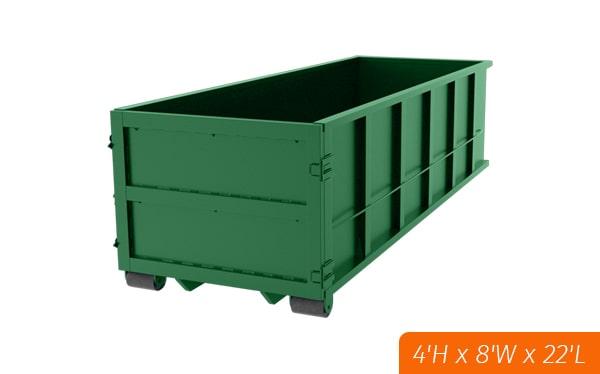 the twenty-yard dumpsters measure 20 feet in length, 8 feet in width, and 5 feet in height